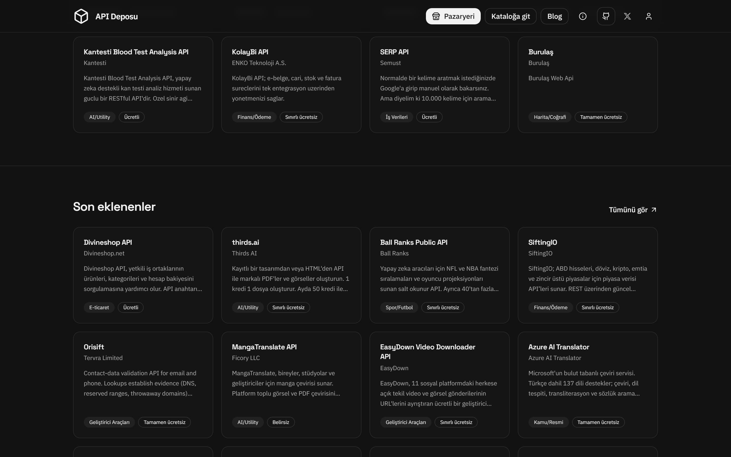 API Deposu kataloğunda listelenen API kartları ve kategoriler